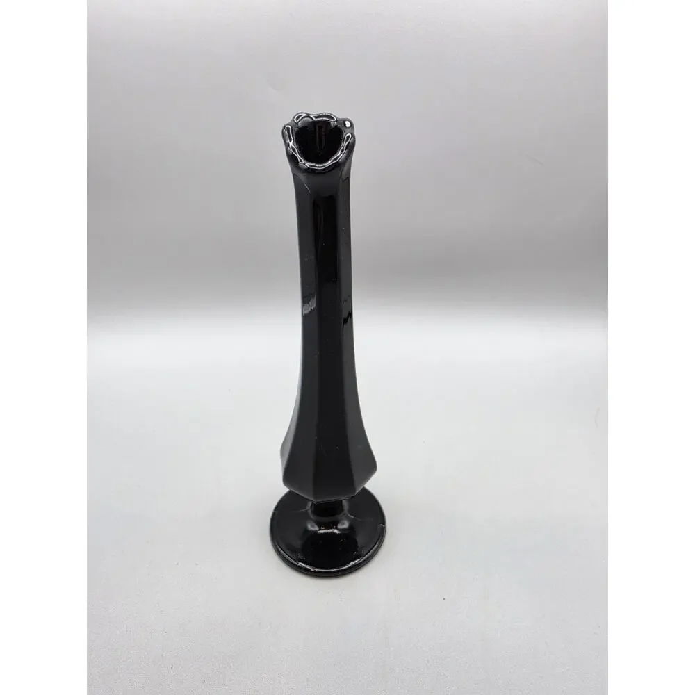 MCM Fenton Glass Black Glass Thumbprint Swung Vase 7 3/4” Vintage